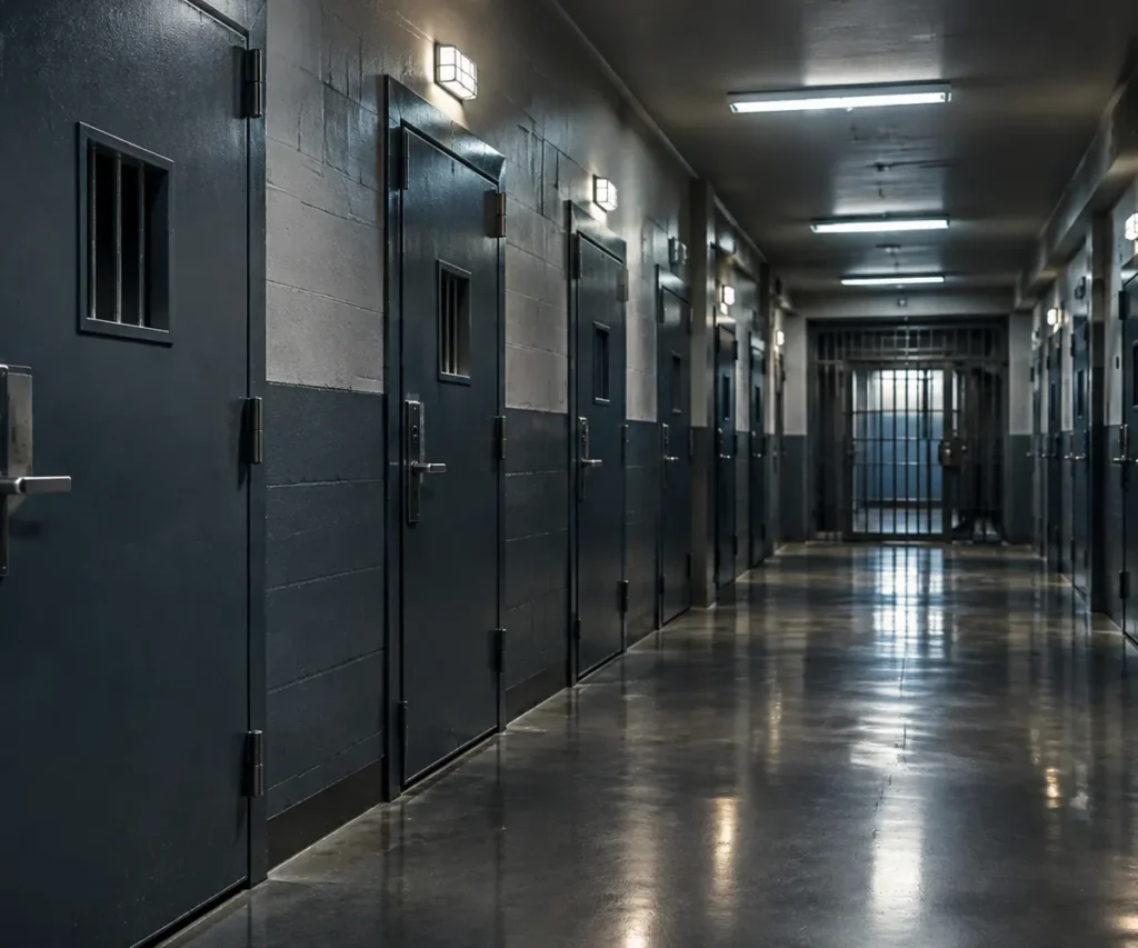 Empty custody corridor with closed steel doors