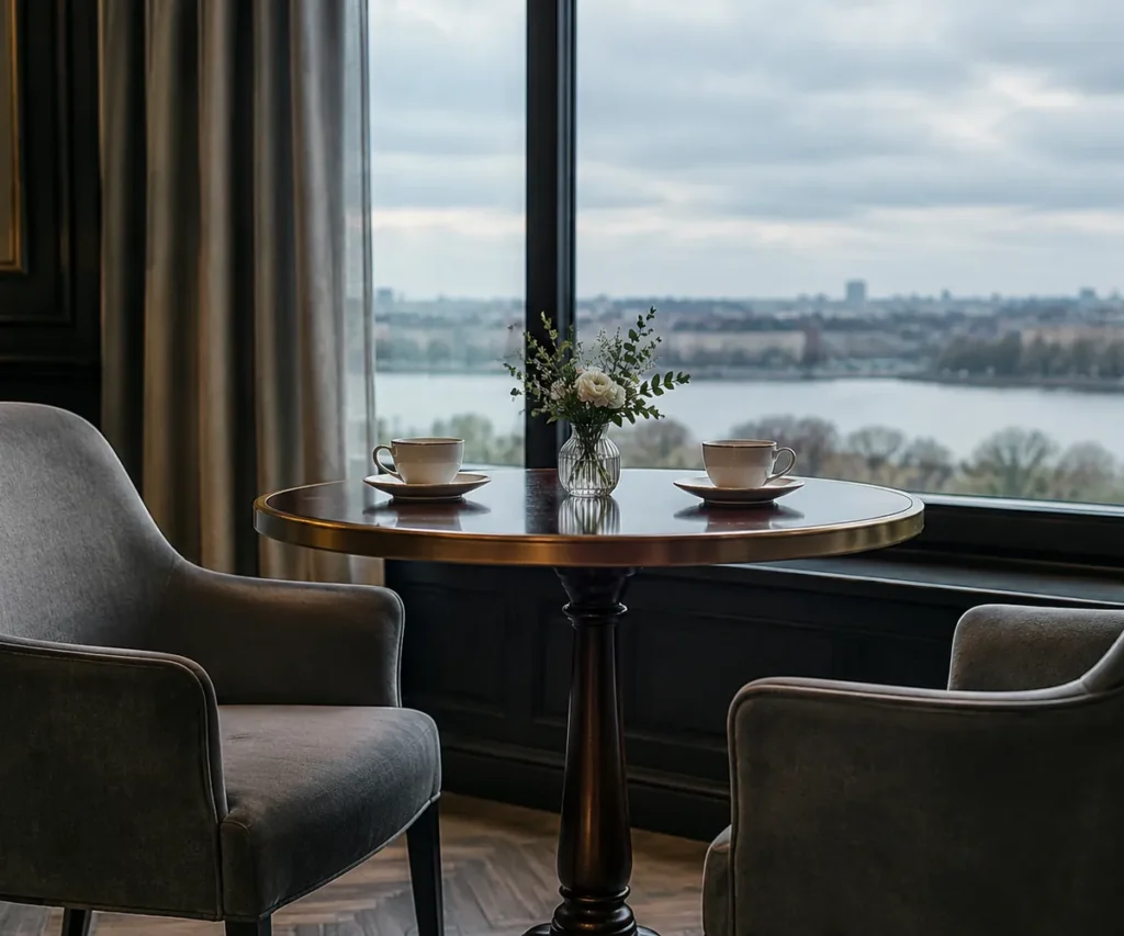 Two chairs at a round table by a window