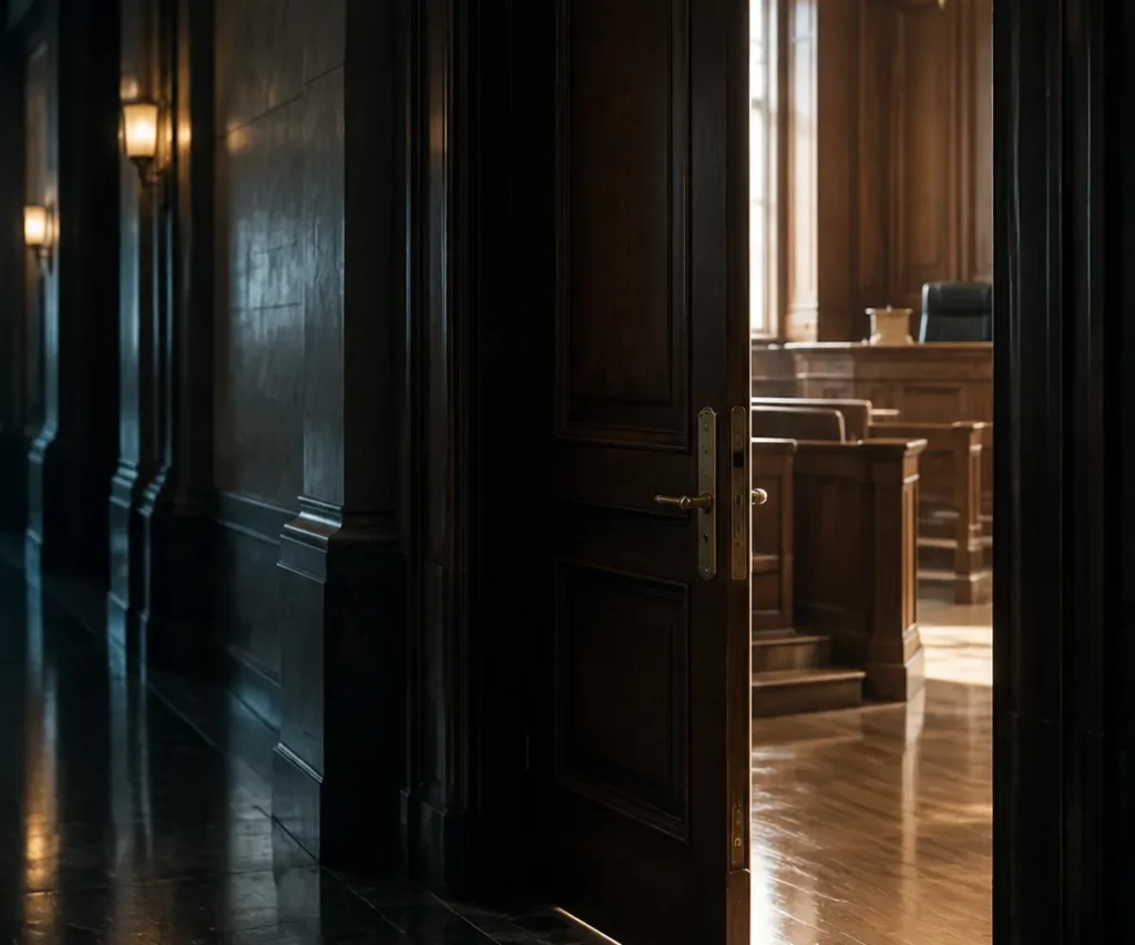 Courtroom door ajar with light spilling into a corridor
