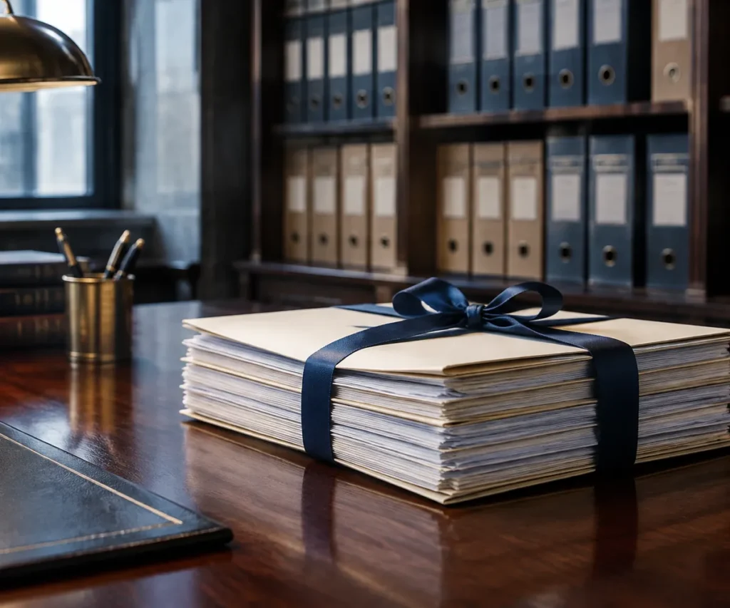 Submission dossier tied with ribbon on a mahogany desk